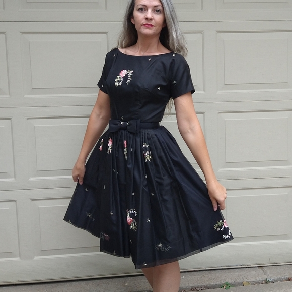 1950's EMBROIDERED ORGANZA DRESS 50's S - Picture 6 of 15